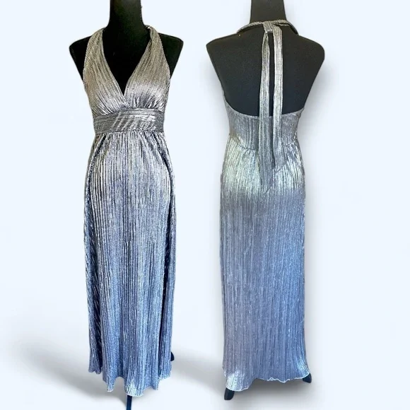 Silver Metallic Pleated Halter Top Maxi Dress Women’s Size Medium Gunmetal - Picture 9 of 11